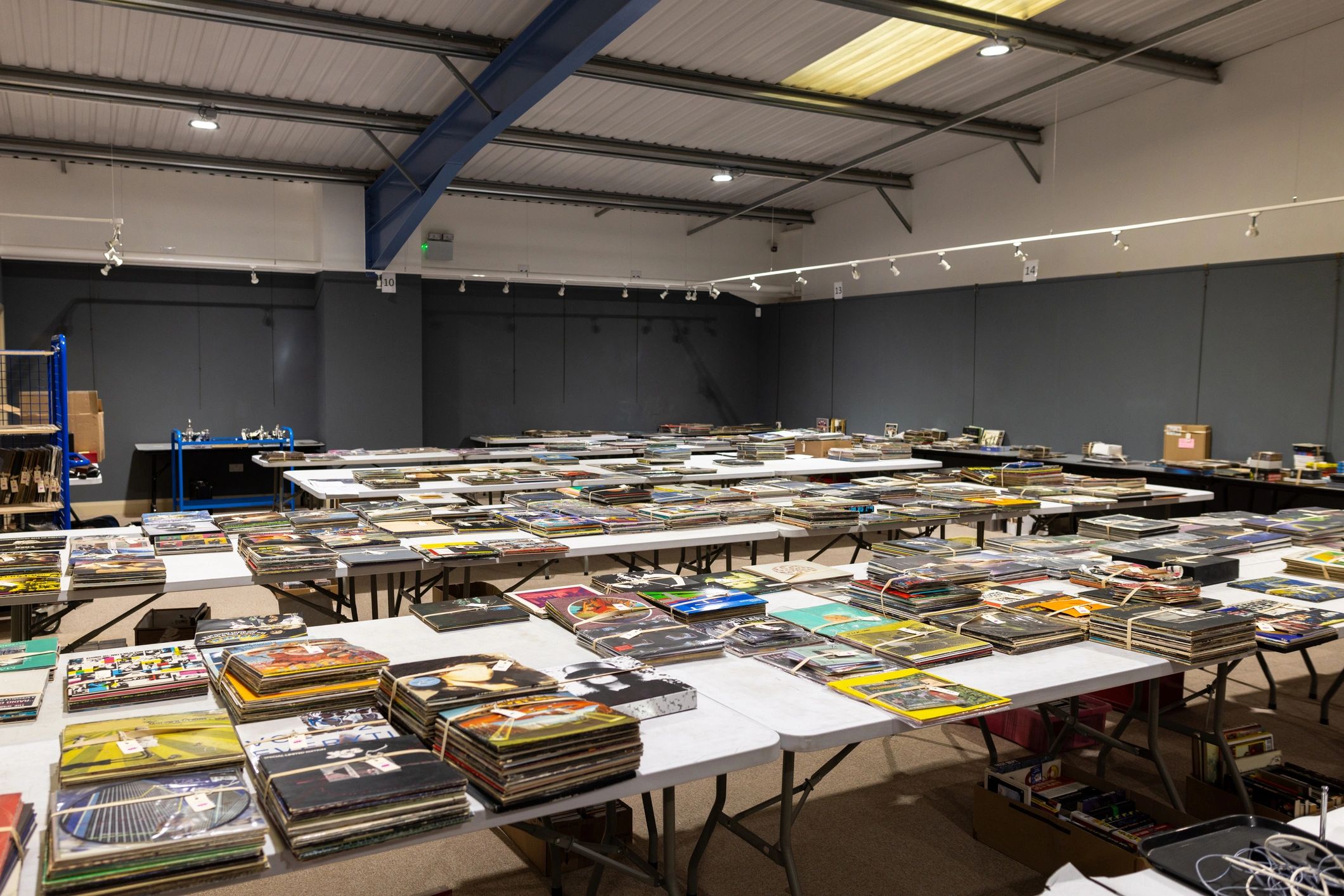 Rows of vinyl records displayed in a curated shop setting